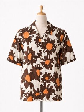 Folk Men's Floral Cotton Shirt Brown and Orange Large